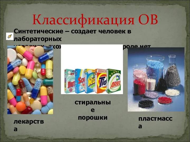 Классификация ОВ Синтетические – создает человек в лабораторных условиях, схожих