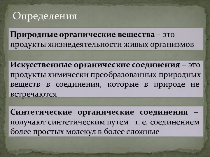 Определения Природные органические вещества – это продукты жизнедеятельности живых организмов