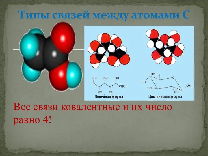 Все связи ковалентные и их число равно 4! Типы связей между атомами С