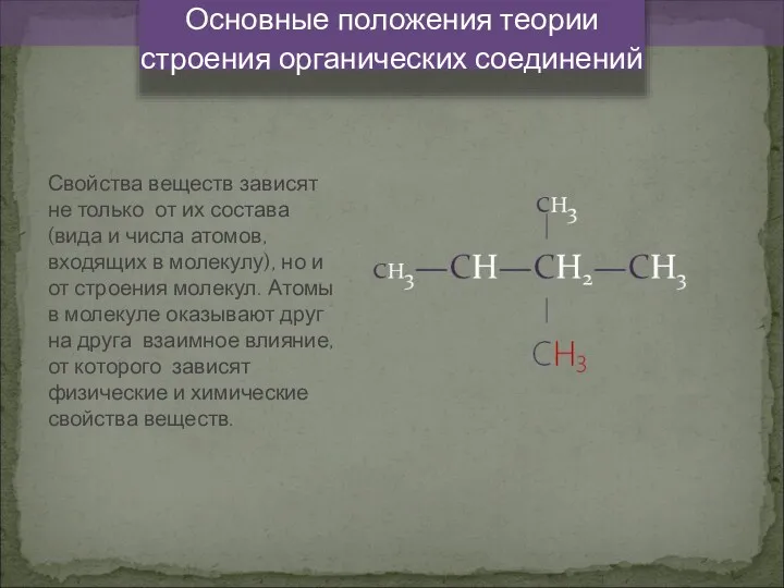 Основные положения теории строения органических соединений Свойства веществ зависят не