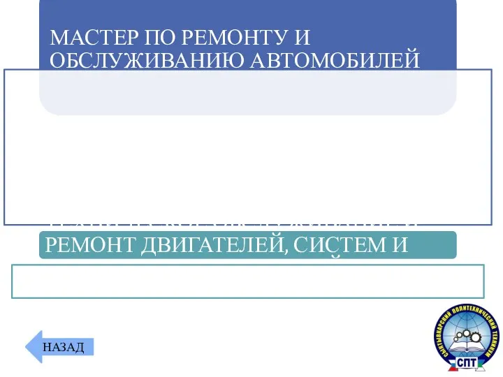 МАСТЕР ПО РЕМОНТУ И ОБСЛУЖИВАНИЮ АВТОМОБИЛЕЙ ТЕХНИЧЕСКОЕ ОБСЛУЖИВАНИЕ И РЕМОНТ ДВИГАТЕЛЕЙ, СИСТЕМ И АГРЕГАТОВ АВТОМОБИЛЕЙ НАЗАД