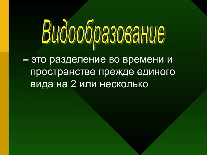 – это разделение во времени и пространстве прежде единого вида на 2 или несколько Видообразование