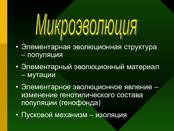 Элементарная эволюционная структура – популяция Элементарный эволюционный материал – мутации Элементарное эволюционное явление