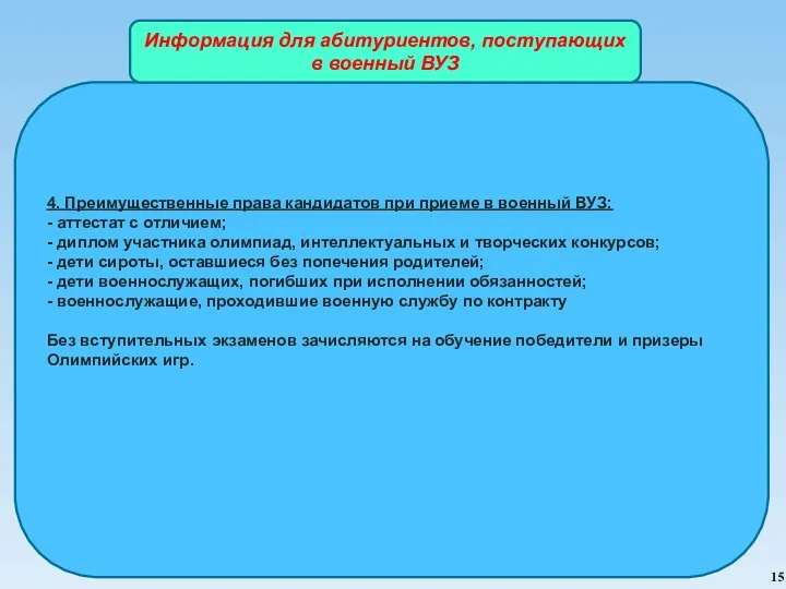 4. Преимущественные права кандидатов при приеме в военный ВУЗ: -