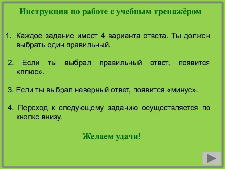 Инструкция по работе с учебным тренажёром Каждое задание имеет 4