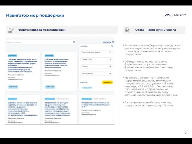 Навигатор мер поддержки Форма подбора мер поддержки Особенности функционала Возможность