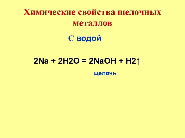 Химические свойства щелочных металлов С водой 2Na + 2H2O = 2NaOH + H2↑ щелочь