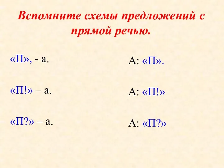 Вспомните схемы предложений с прямой речью. «П», - а. «П!»