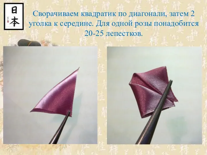 Сворачиваем квадратик по диагонали, затем 2 уголка к середине. Для одной розы понадобится 20-25 лепестков.