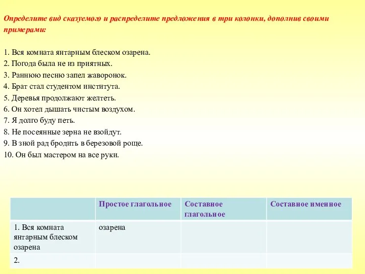 Определите вид сказуемого и распределите предложения в три колонки, дополнив