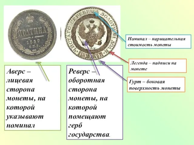 Аверс – лицевая сторона монеты, на которой указывают номинал Реверс