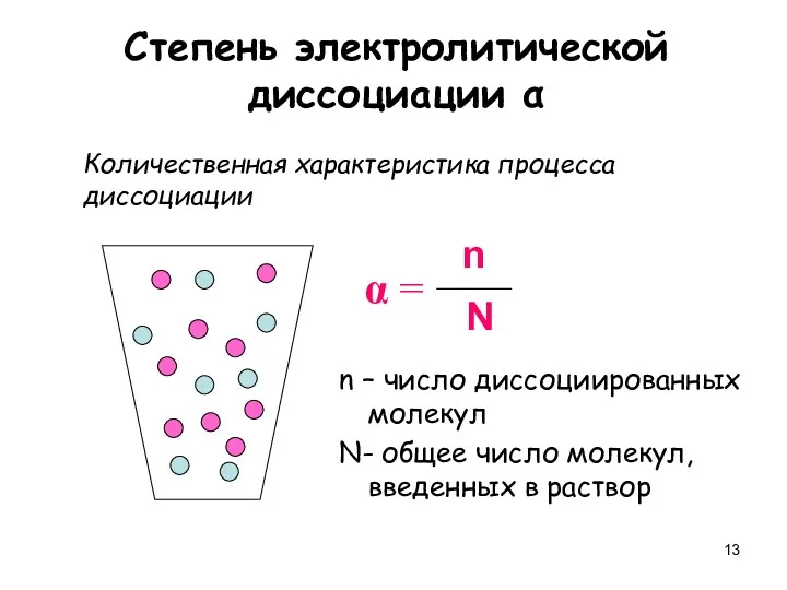 Степень электролитической диссоциации α Количественная характеристика процесса диссоциации n –