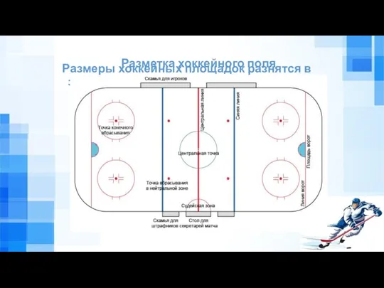 Размеры хоккейных площадок разнятся в зависимости от правил (НХЛ или ИИХФ) Разметка хоккейного поля