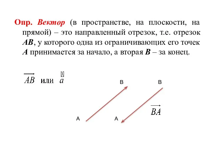 Опр. Вектор (в пространстве, на плоскости, на прямой) – это