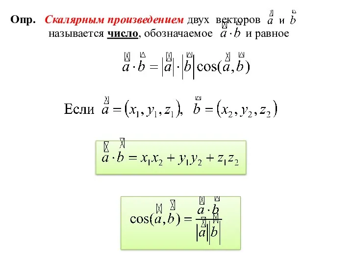 Опр. Скалярным произведением двух векторов называется число, обозначаемое и равное