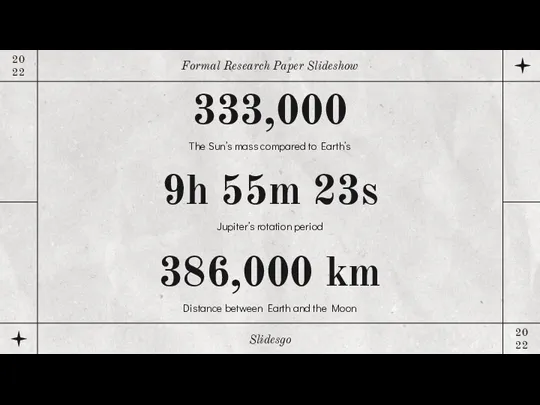 333,000 The Sun’s mass compared to Earth’s 9h 55m 23s