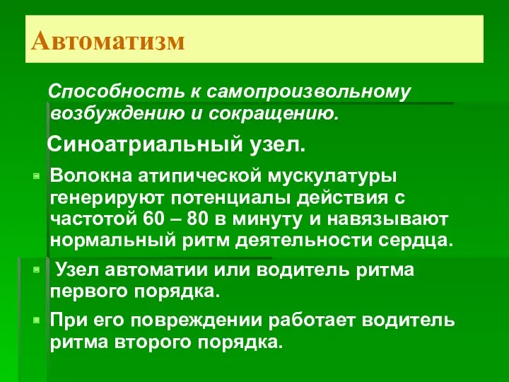 Автоматизм Способность к самопроизвольному возбуждению и сокращению. Синоатриальный узел. Волокна