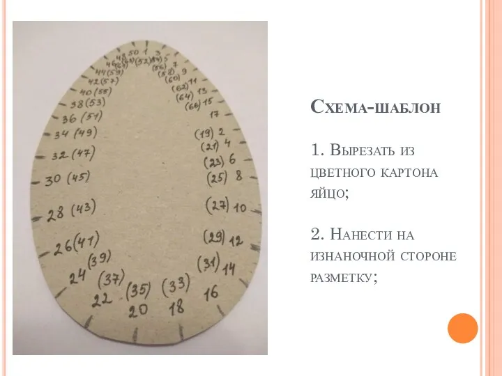 Схема-шаблон 1. Вырезать из цветного картона яйцо; 2. Нанести на изнаночной стороне разметку;