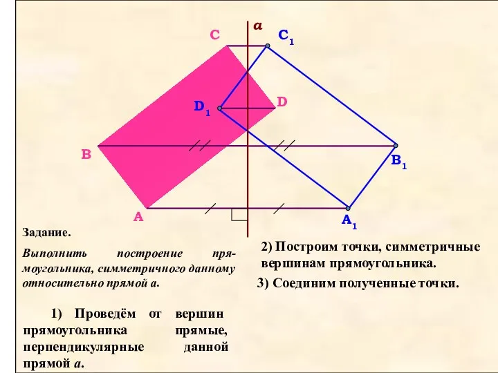 Задание. Выполнить построение пря-моугольника, симметричного данному относительно прямой a. 1)