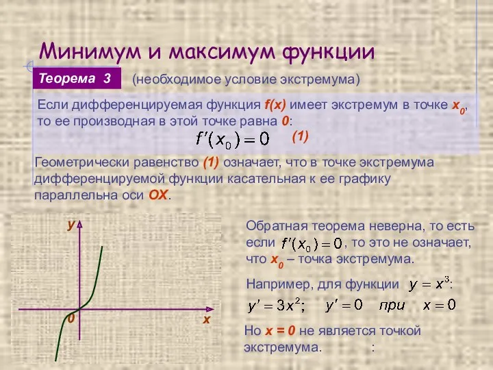 Минимум и максимум функции Если дифференцируемая функция f(x) имеет экстремум