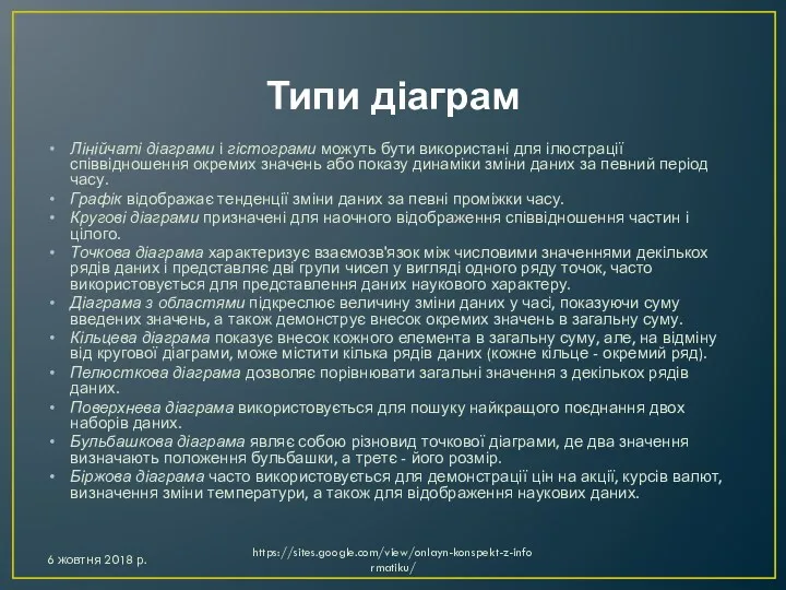 Типи діаграм Лінійчаті діаграми і гістограми можуть бути використані для