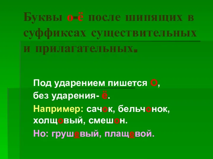 Буквы о-ё после шипящих в суффиксах существительных и прилагательных. Под ударением пишется О,