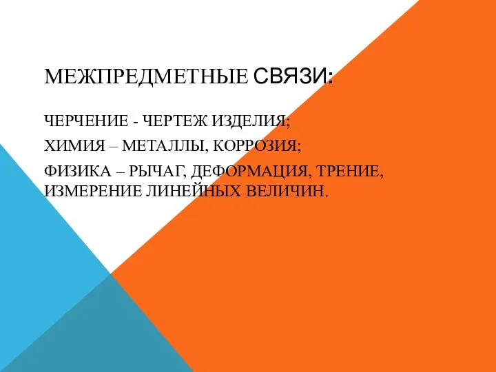 МЕЖПРЕДМЕТНЫЕ СВЯЗИ: ЧЕРЧЕНИЕ - ЧЕРТЕЖ ИЗДЕЛИЯ; ХИМИЯ – МЕТАЛЛЫ, КОРРОЗИЯ;