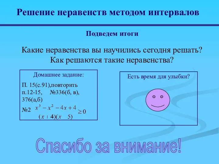 Решение неравенств методом интервалов Подведем итоги Какие неравенства вы научились