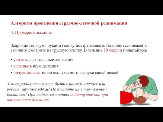 Алгоритм проведения сердечно-легочной реанимации 4. Проверьте дыхание Запрокиньте двумя руками