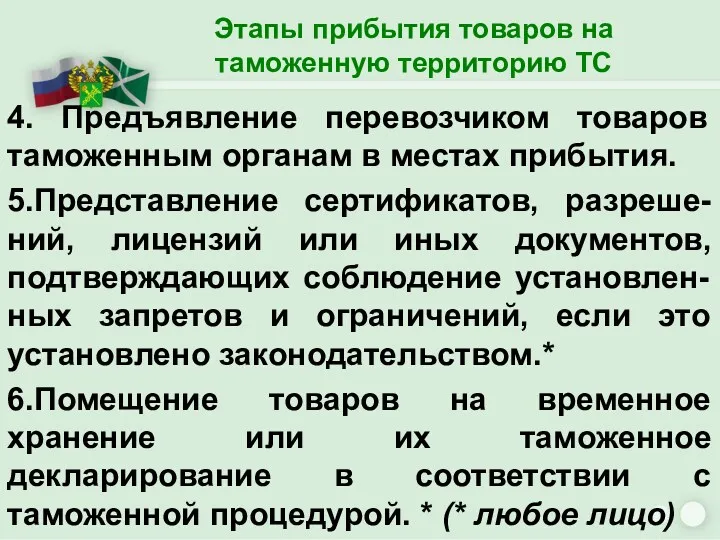 Этапы прибытия товаров на таможенную территорию ТС 4. Предъявление перевозчиком