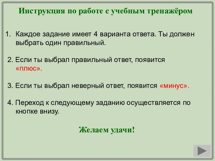 Инструкция по работе с учебным тренажёром Каждое задание имеет 4