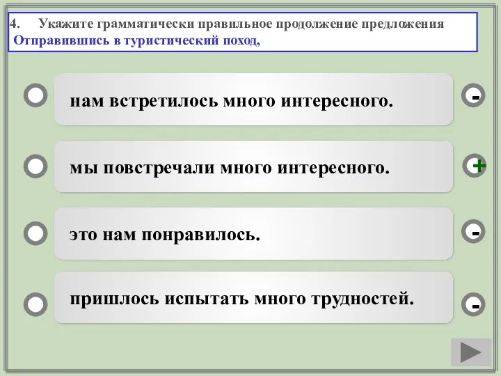 Укажите грамматически правильное продолжение предложения Отправившись в туристический поход, нам