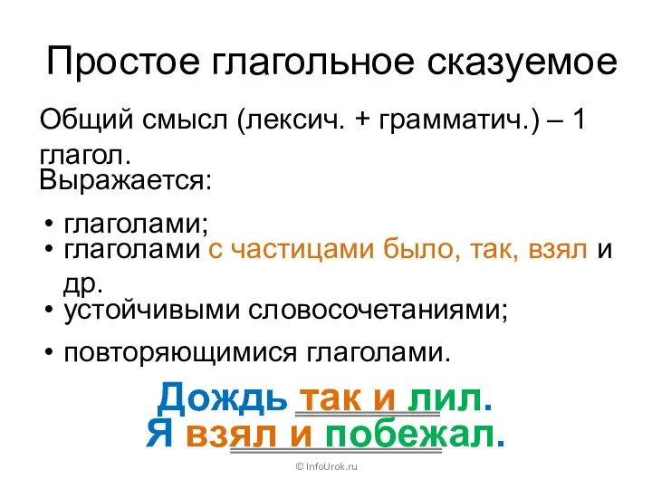 Простое глагольное сказуемое © InfoUrok.ru Дождь так и лил. Я
