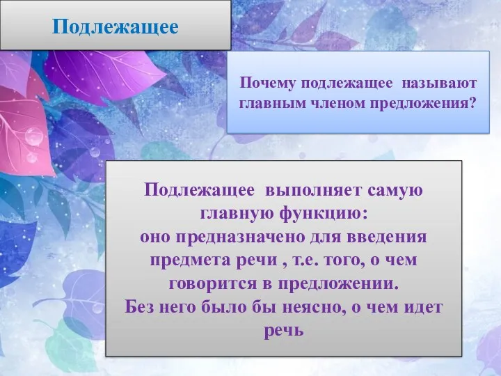 Подлежащее Почему подлежащее называют главным членом предложения? Подлежащее выполняет самую