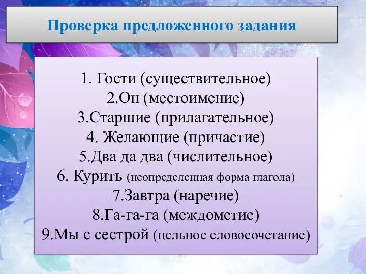 Проверка предложенного задания 1. Гости (существительное) 2.Он (местоимение) 3.Старшие (прилагательное)