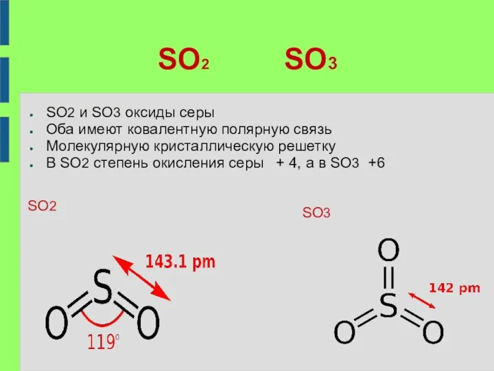 SO2 SO3 SO2 и SO3 оксиды серы Оба имеют ковалентную