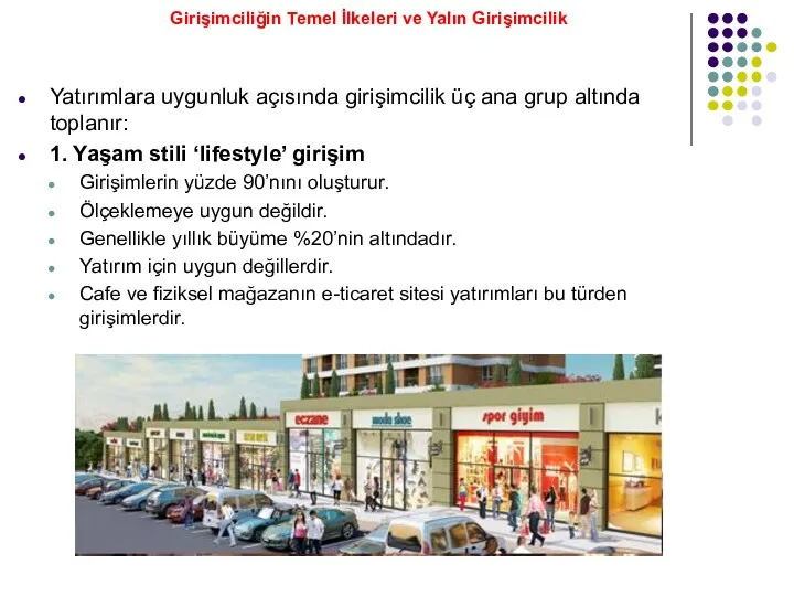 Yatırımlara uygunluk açısında girişimcilik üç ana grup altında toplanır: 1.