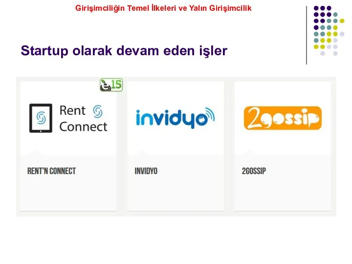 Startup olarak devam eden işler Girişimciliğin Temel İlkeleri ve Yalın Girişimcilik