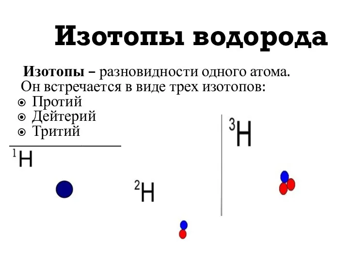 Изотопы водорода Изотопы – разновидности одного атома. Он встречается в виде трех изотопов: Протий Дейтерий Тритий