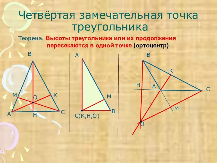 Четвёртая замечательная точка треугольника Теорема. Высоты треугольника или их продолжения пересекаются в одной точке (ортоцентр)