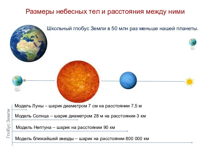 Размеры небесных тел и расстояния между ними Школьный глобус Земли