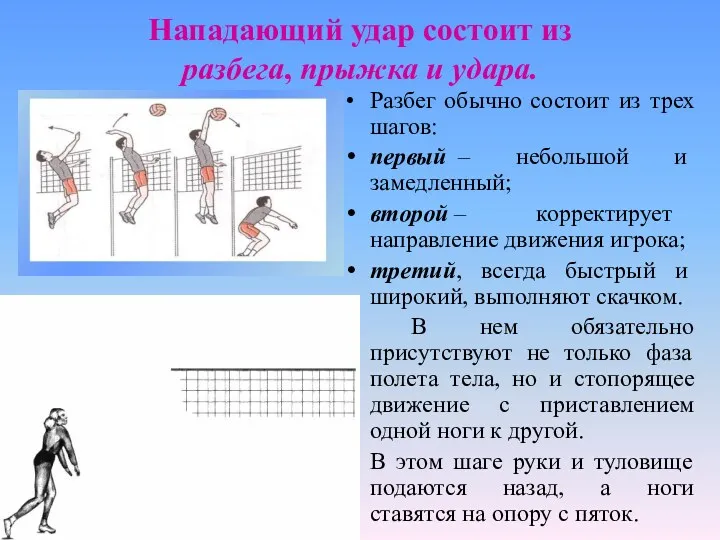 Нападающий удар состоит из разбега, прыжка и удара. Разбег обычно