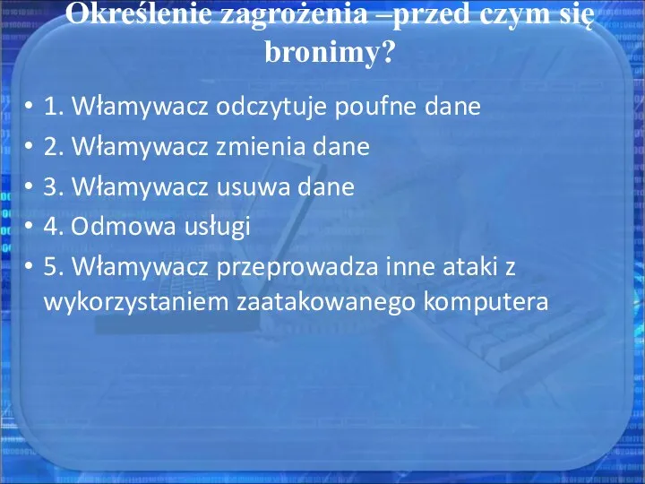 Określenie zagrożenia –przed czym się bronimy? 1. Włamywacz odczytuje poufne