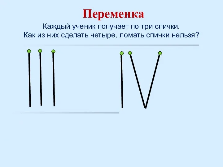 Переменка Каждый ученик получает по три спички. Как из них сделать четыре, ломать спички нельзя?