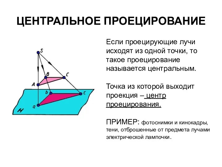 ЦЕНТРАЛЬНОЕ ПРОЕЦИРОВАНИЕ Если проецирующие лучи исходят из одной точки, то