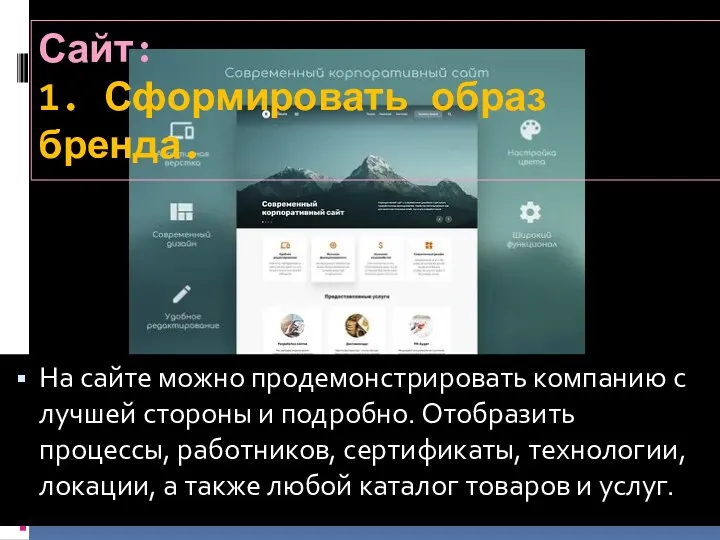 Сайт: 1. Сформировать образ бренда. На сайте можно продемонстрировать компанию