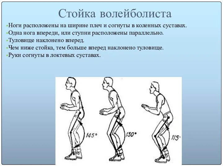 Стойка волейболиста Ноги расположены на ширине плеч и согнуты в