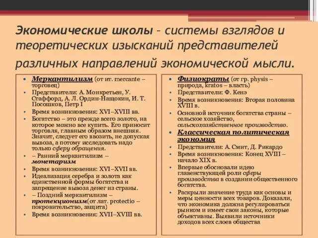 Экономические школы – системы взглядов и теоретических изысканий представителей различных