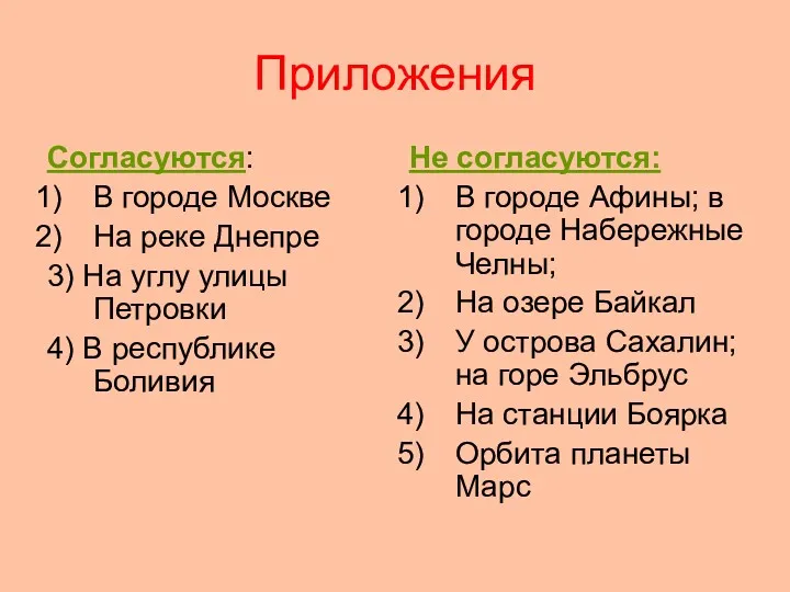 Приложения Согласуются: В городе Москве На реке Днепре 3) На