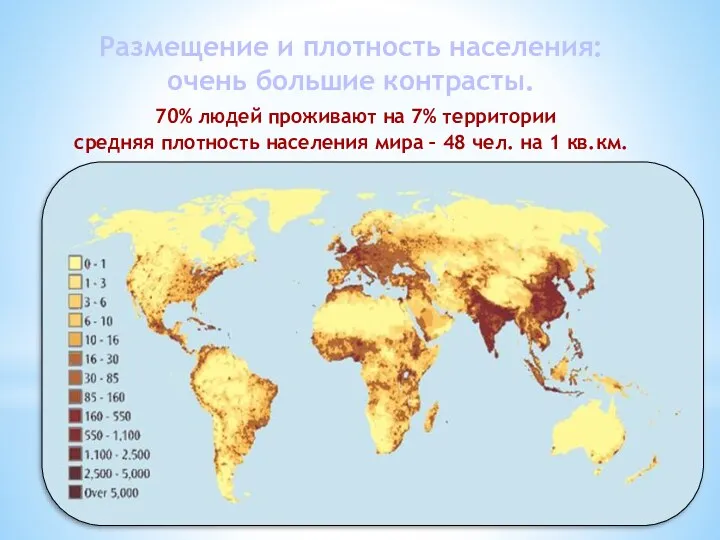 Размещение и плотность населения: очень большие контрасты. 70% людей проживают